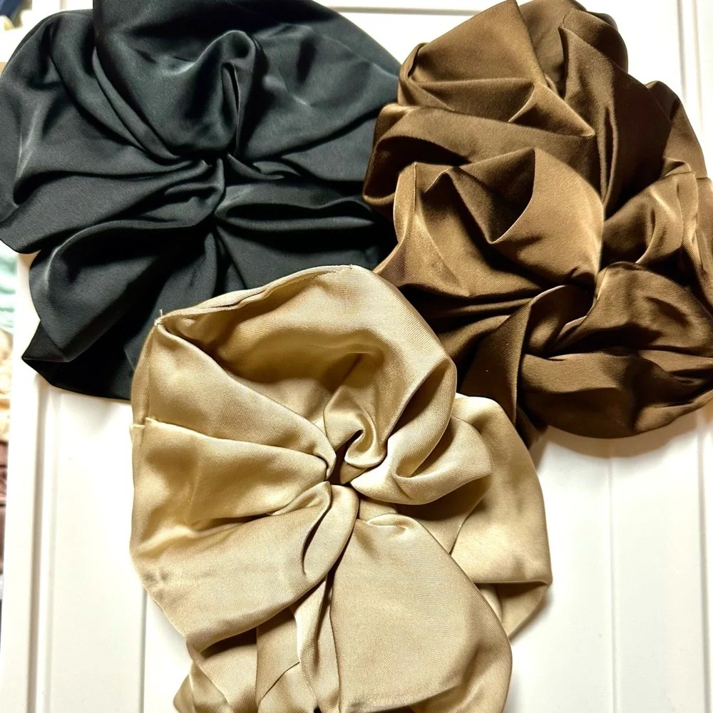 Luxurious Satin Hair Scrunchie Trio - Black, Brown, and Cream
